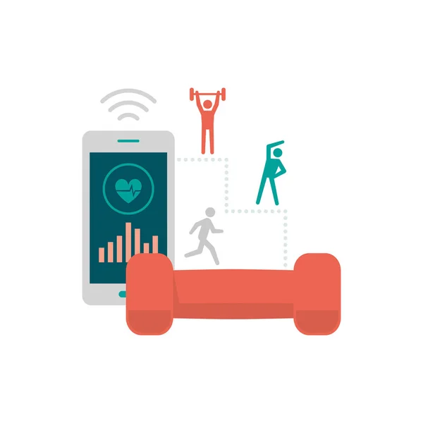 Fitness App Smartphone Súlyzók Sport Tömeg Veszteség Koncepció — Stock Vector