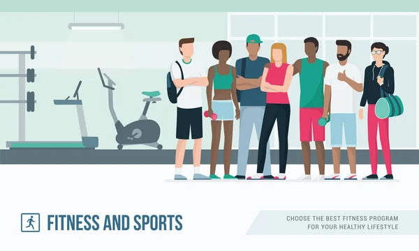 Jóvenes Multiétnicos Reunidos Gimnasio Fitness Estilo Vida Saludable — Vector de stock