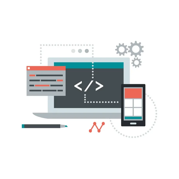 Веб Разработка Кодирование Технологическая Концепция Ноутбуком Смартфоном — стоковый вектор