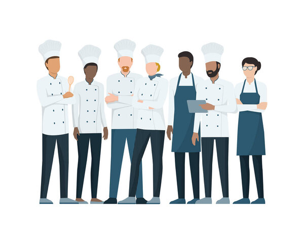 Team of professional chefs standing together on white background