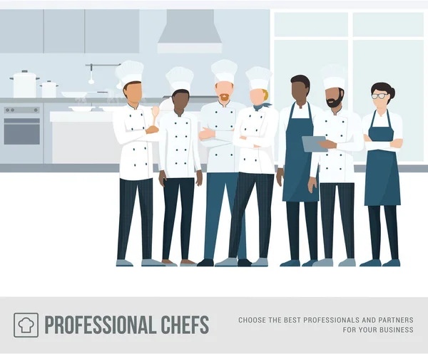 在餐厅厨房里站在一起的专业厨师 — 图库矢量图片