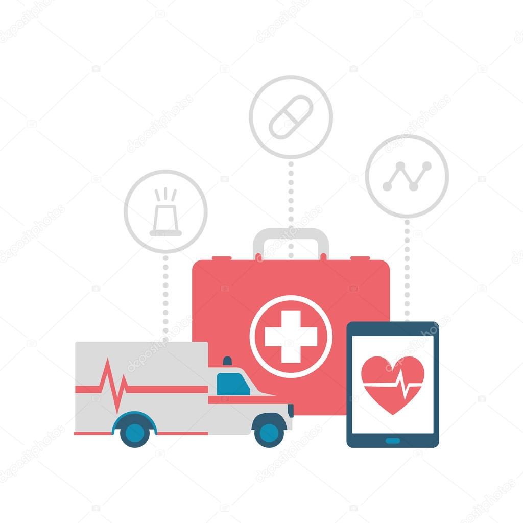 First aid kit, ambulance and tablet with medical icons: healthcare and emergency service concept