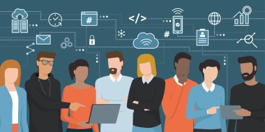 Bu tabletler ve uygulamaları ile birlikte ayakta işçi mavi arka plan