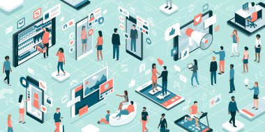 İnsanlar farklı gadget'lar ve işaretler üzerinde mavi arka plan ile