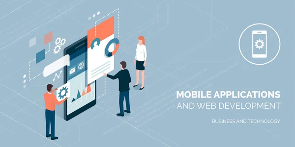 Personnes Utilisant Des Applications Mobiles Travaillant Avec Développement Web — Image vectorielle