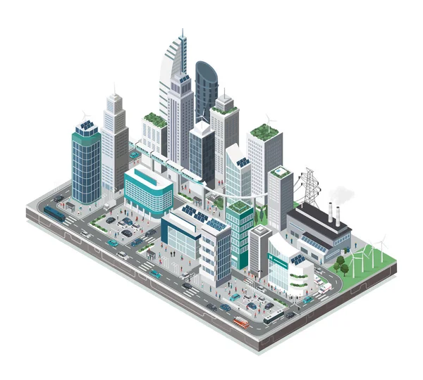 Smart City Konzept Mit Wolkenkratzern Menschen Und Fahrzeugen — Stockvektor