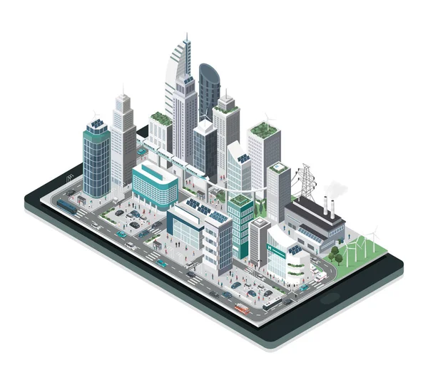 Conceito Cidade Inteligente Com Arranha Céus Pessoas Veículos —  Vetores de Stock