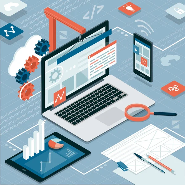 Computador Com Engrenagens Smartphone Gráficos Diagramas Local Trabalho — Vetor de Stock