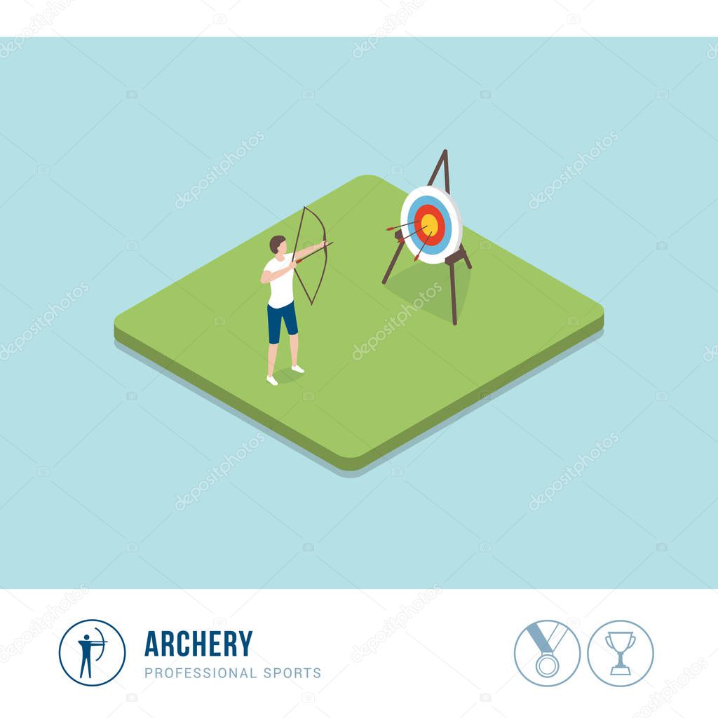 Professional sports competition: woman shooting with arrow and bow, archery sport