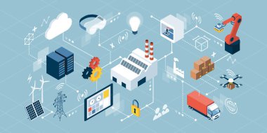 Industrial internet of things, innovative manufacturing and smart industry: isometric network of concepts clipart