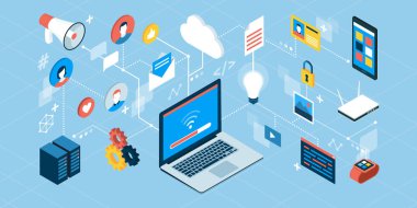 İnternet, iletişim, sosyal medya ve veri transferi; izometrik kavram ağı