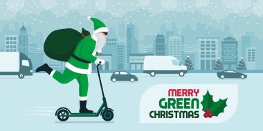 Çevre dostu yeşil Noel Baba, Noel 'de şehir caddesinde bir scooter' la hediye taşıyor. Sürdürülebilirlik ve teknoloji kavramı.