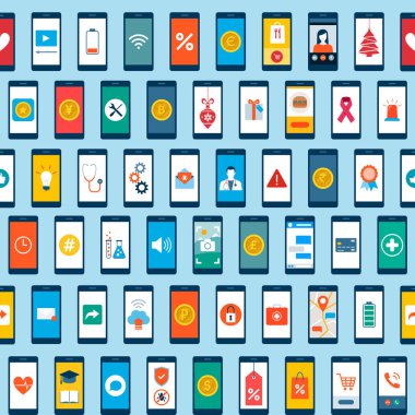 Akıllı telefonlar, uygulamalar, sosyal medya ve teknoloji simgeleri; pürüzsüz arkaplan