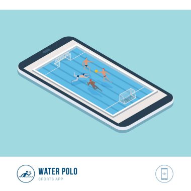 Profesyonel spor müsabakası: havuzda oynayan su topu oyuncuları, mobil uygulama