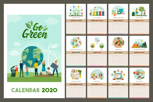 Przejdź Zielony Kalendarz Ścienny 2020 Ekologicznymi Wskazówkami Poradami Dla Zrównoważonego — Wektor stockowy