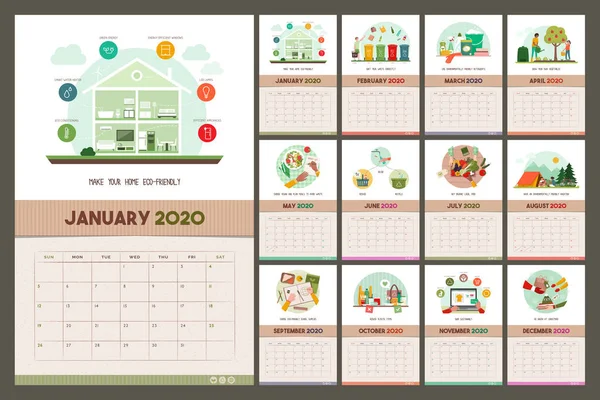 Pergi Kalender Dinding Hijau 2020 Dengan Tips Ramah Lingkungan Dan - Stok Vektor