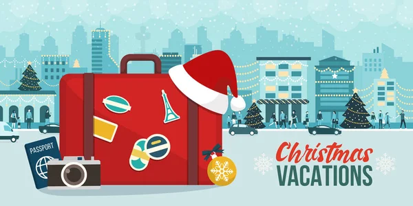 Karácsonyi Vakációk Világ Minden Táján Városok Felfedezése Téli Időszámítás Szerint — Stock Vector