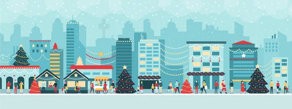 Bunte Stadt Mit Lichtern Weihnachten Die Menschen Gehen Auf Die — Stockvektor