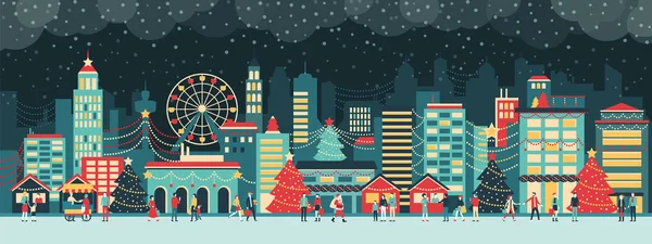 クリスマスの光のあるカラフルな街 人々は通りを歩いていて お祝いのコンセプトでお祝いの雰囲気を一緒に楽しんでいます — ストックベクタ