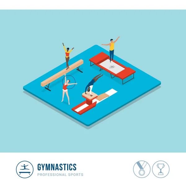 Professionell Idrottstävling Gymnastik Idrottare Med Balansbalk Valv Och Studsmatta — Stock vektor