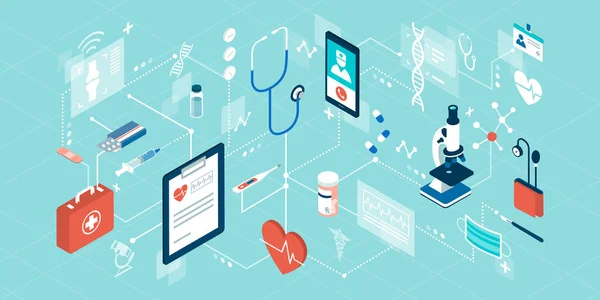 Telemedicine การร กษาพยาบาลและบร การด แลส ขภาพออนไลน เคร ายของแนวค ดแบบ Isometric — ภาพเวกเตอร์สต็อก