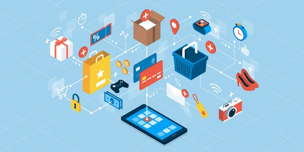 Internetowa Aplikacja Zakupowa Smartfonie Płatności Elektroniczne Przesyłki Ekspresowe Sieć Koncepcji — Wektor stockowy
