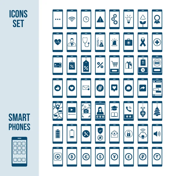 Набор Смартфонов Различными Приложениями Иконками Магазины Финансы Социальные Сети Здравоохранение — стоковый вектор