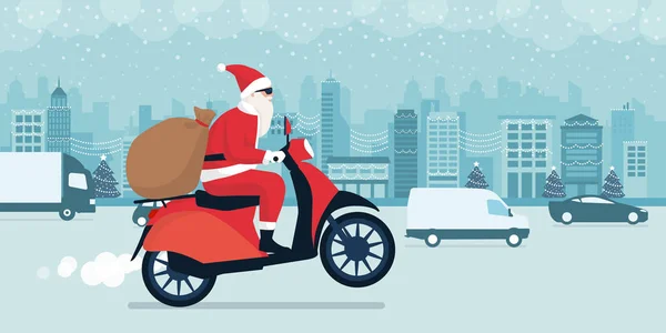 Noel Arifesinde Hediyeler Dağıtan Çağdaş Noel Baba Kırmızı Bir Motosiklete — Stok Vektör