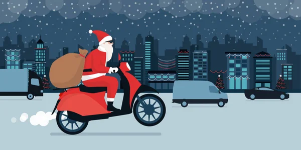 今天的圣诞老人在平安夜送礼 他骑着一辆红色的摩托车 在城市的街道上开车 — 图库矢量图片