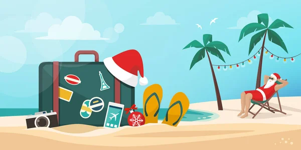 サンタクロースはビーチで休暇を過ごしています クリスマス休暇 旅行のコンセプト — ストックベクタ