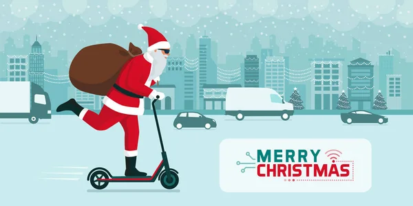 圣诞前夕 未来的圣诞老人乘坐电动车在城市街道上送礼 — 图库矢量图片