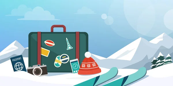 Tourist Exploring Mountains Winter Skiing Suitcase Travel Equipment Snow — Stock Vector