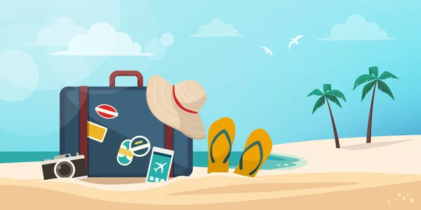 スーツケース カメラ スマートフォン 砂の上のビーチアクセサリー 熱帯のビーチコンセプトの休暇 — ストックベクタ