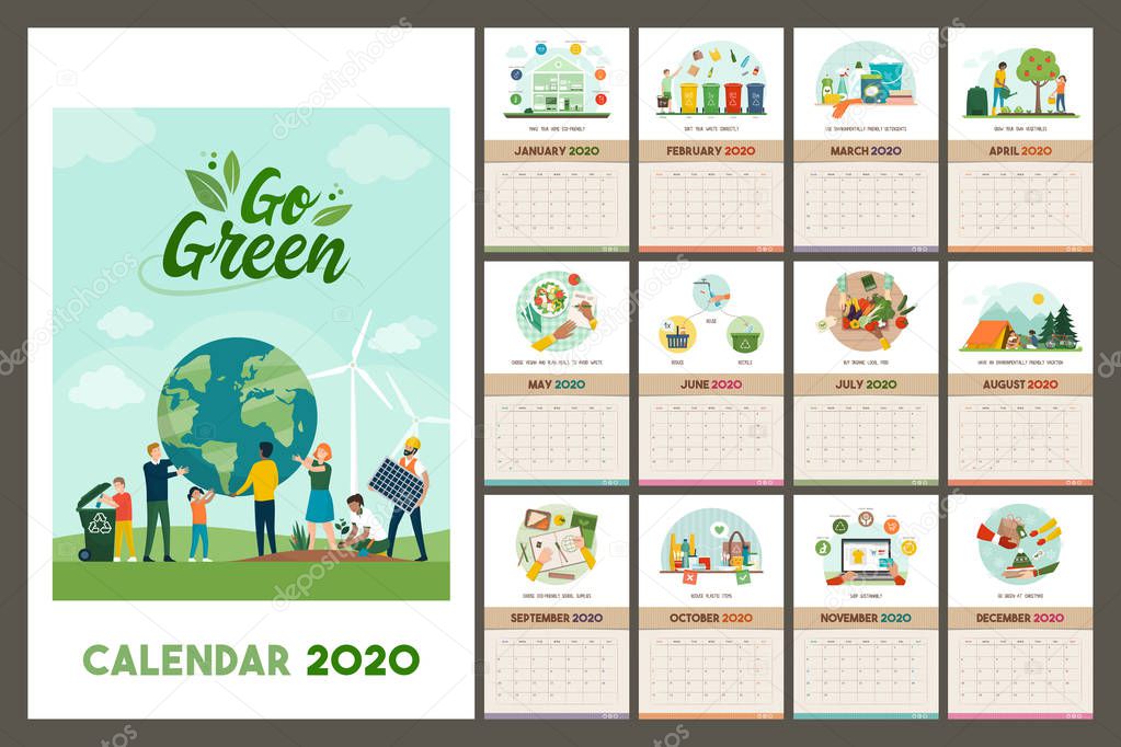 Go green wall calendar 2020 with eco friendly tips and advices for a sustainable zero waste living, grid planner with recycled paper texture