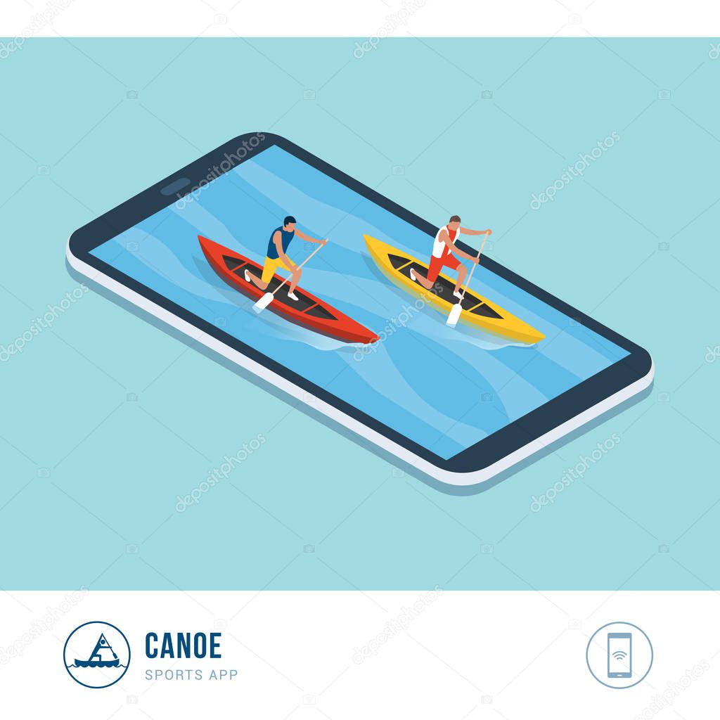 Professional sports competition: canoers paddling in a canoe race, mobile app