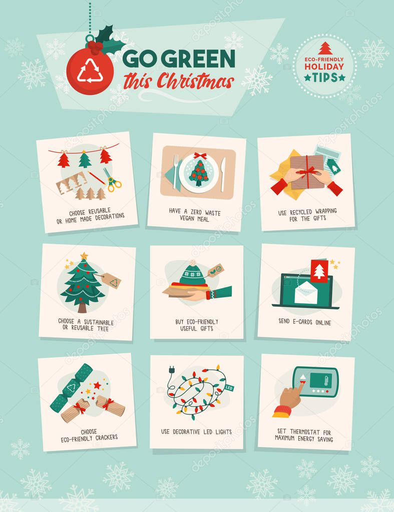 Go green this Christmas: how to have a sustainable eco-friendly holiday at home vector infographic with easy tips