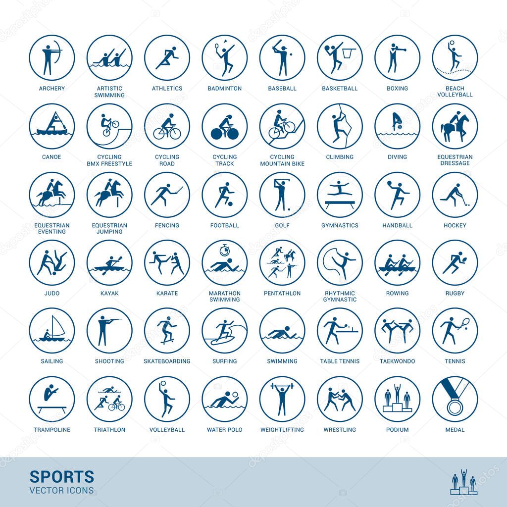 Sports disciplines icons  with vector stick figure symbol