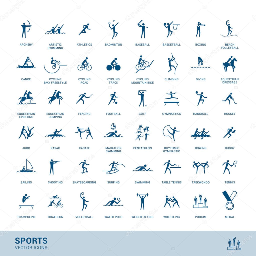 Sports disciplines icons  with vector stick figure symbol