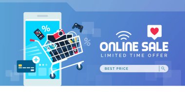 Elektronik tanıtım satış afişi ve alışveriş arabası.