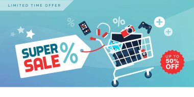 Elektronik tanıtım satış afişi ve alışveriş arabası.