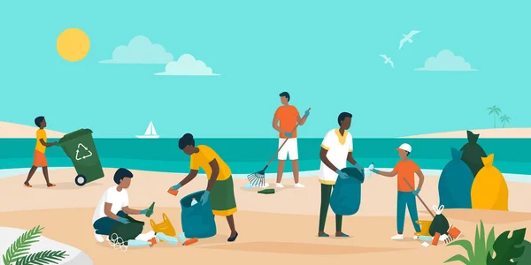 Folk städar upp på stranden och tar bort skräp — Stock vektor