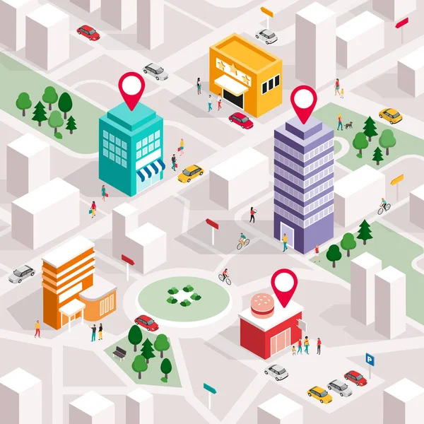 Isometric carte de la ville avec des gens, des bâtiments et des pointeurs d'épingle — Image vectorielle