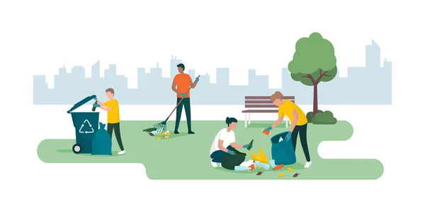 People cleaning a city park together and collecting waste — Stock Vector