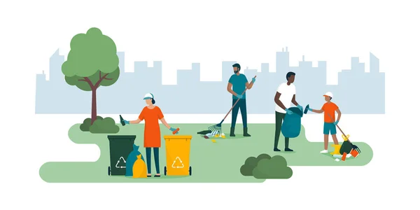 Des gens nettoient un parc municipal ensemble et ramassent des déchets — Image vectorielle