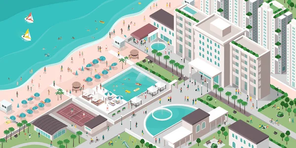 Πολυτελές ξενοδοχειακό θέρετρο με ανθρώπους, κτίρια και παραλία — Διανυσματικό Αρχείο