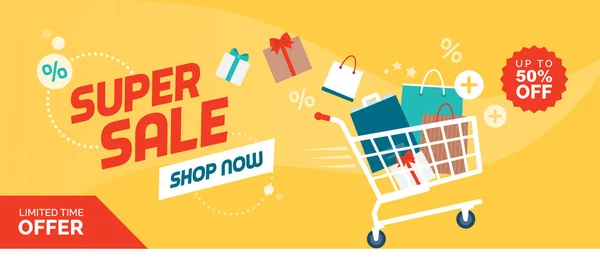 Online shopping promotional sale banner with full shopping cart — 스톡 벡터
