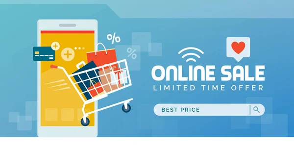 Online shopping marknadsföring försäljning banner med full kundvagn — Stock vektor