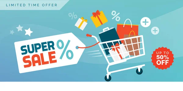 Online shopping promotional sale banner with full shopping cart — 스톡 벡터