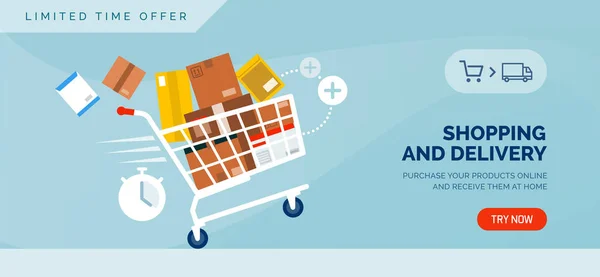 Banner de venta promocional de compras y entrega con carrito de compras — Vector de stock