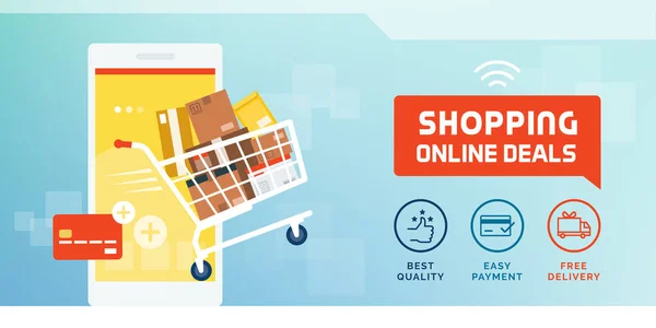 Compras online e banner de venda promocional de entrega com shoppi —  Vetores de Stock